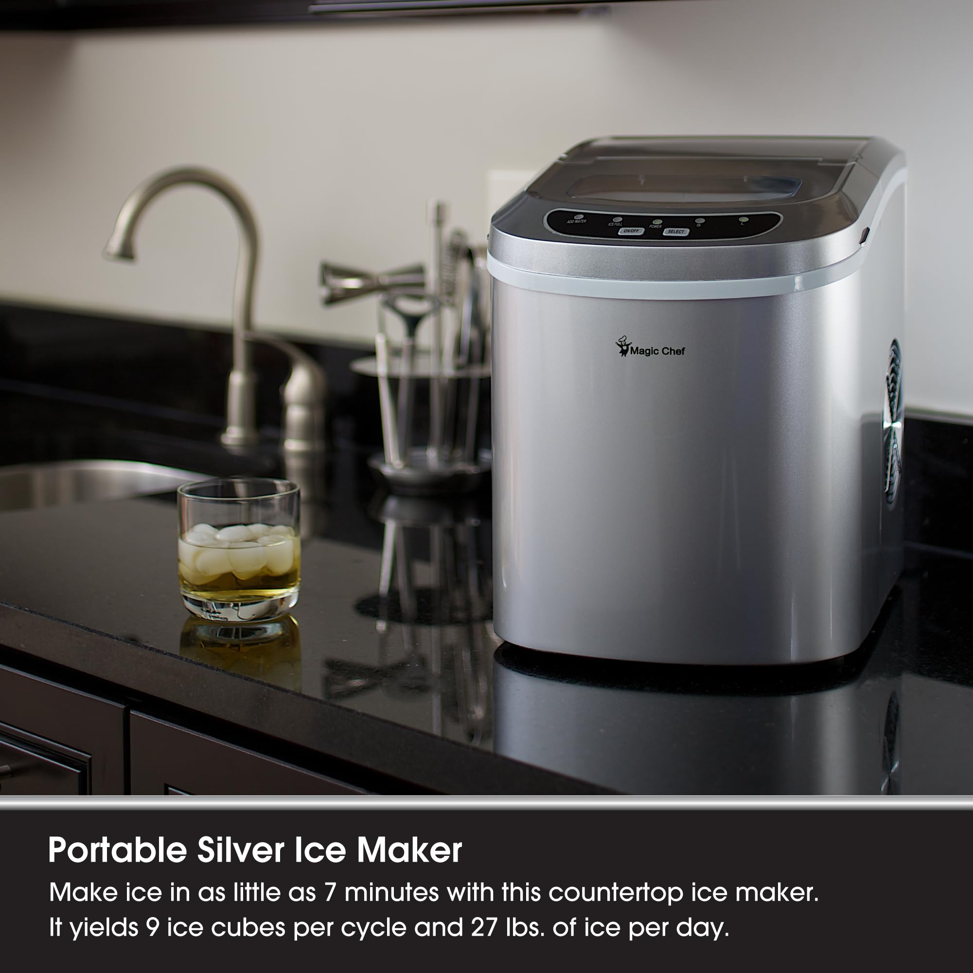 Magic Chef 27-Lb. Portable Ice Maker in Silver, Tabletop Ice Maker for Kitchen, Apartment, Dorm, and Basement with Viewing Window, 2 Ice Cube Sizes, and Ice & Water Level Indicator Lights