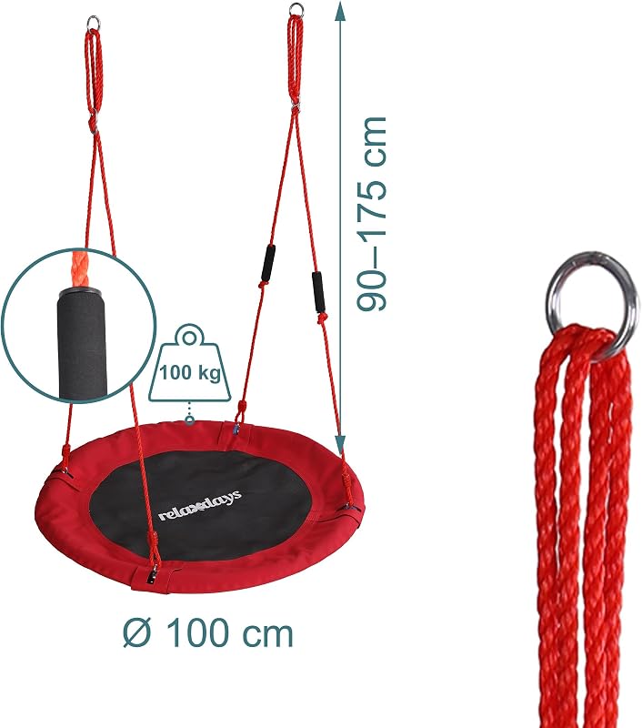 Relaxdays Nest Swing, Redondo, Punhos Almofadados, para crianças, Ajustáveis, Exterior, Ø: 100 cm, até 100 kg, Vermelho