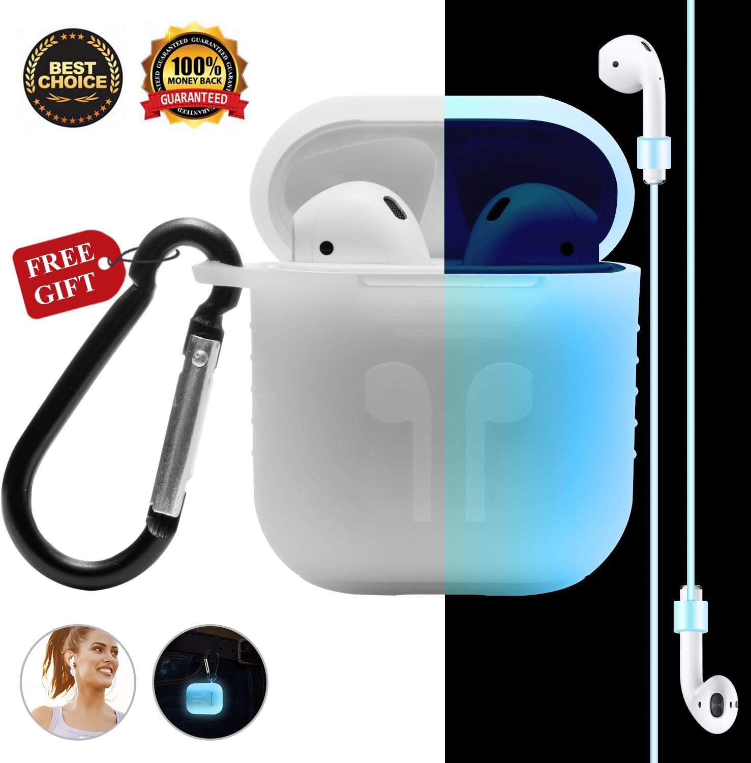 Airpods Case AirPod Accessories Case for Apple Airpods, [Night-glow Blue] Full Body Soft Skin Silicone Shockproof Protector Air Pods Case Cover with Night-glow Earphone Anti-lost Strap and Carabiner