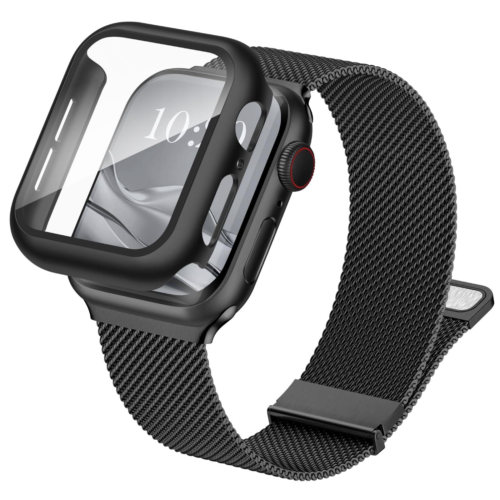 Raradev 3-in-1 Compatible with Apple Watch Metal Straps 40mm with Case & Screen Protector, Dual Magnetic Band and Protective Cover with 9H Tempered Glass for iWatch SE3 Series 6/5/4, Black