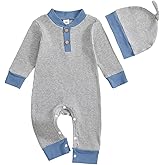 fhutpw Newborn Baby Boy Clothes Ribbed Knit Bodysuit 3 6 Months Infant Fall Long Sleeve Splicing Color Romper Jumpsuit & Hat