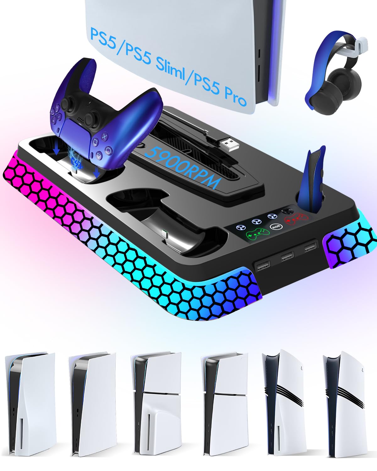 UGAME Pro Slim Cooling Station with RGB Lights,Stand Vertical Base Accessories with Silent 3-Level Cooling Fans, Dual Controller Charger and USB Hubs (Black)