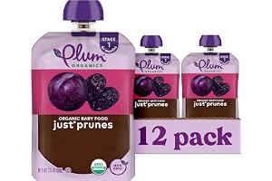 Plum Organics - 4+ Months Organic Baby Food Pouches - Just Punes - Non-GMO - Fruit & Veggie Blends On-The-Go Pouches for Baby & Toddler Meals - Quality Tested Ingredients - 3.5 oz (Pack Of 12)