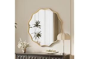 VooBang Gold Scalloped Circle Mirror, 20" Wavy Edge Round Wall Mirror with Tempered Glass Textured Circular Metal Deep Frame, Hanging Leaning for Bathroom, Hallway, Entryway, Livng Room