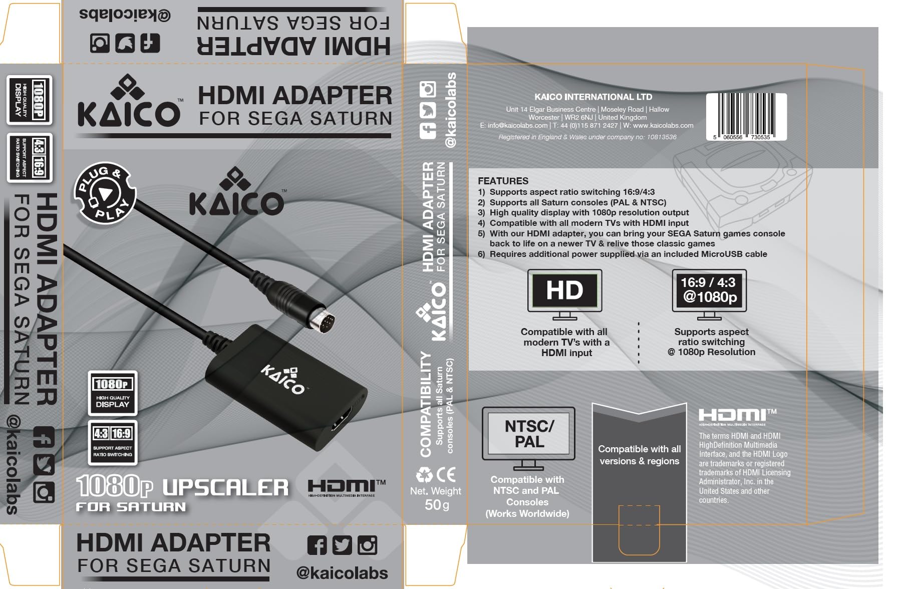 Kaico SEGA Saturn 1080p HDMI Adapter - for use with Sega Saturn - Supports S Video Output – Supports PAL and NTSC Consoles – Aspect Ratio Switch for 16:9 or 4:3