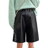 HaoMay Women's Elastic High Waist Wide Leg Pleated PU Faux Leather Shorts