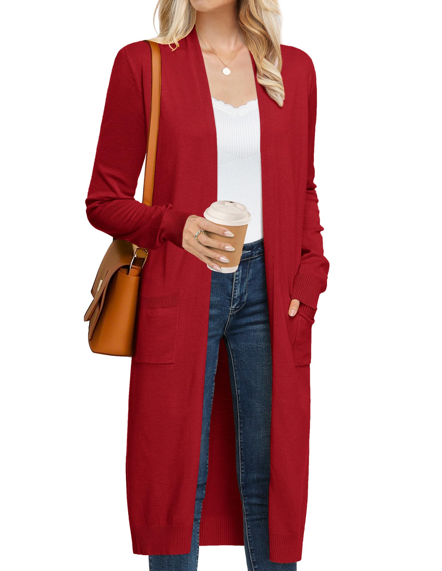GRACE KARIN Women's Long Cardigans Sweater Summer Open Front Casual Knit Duster Coat with Pockets Christmas Sweaters for Women (Deep Red,XL) Image
