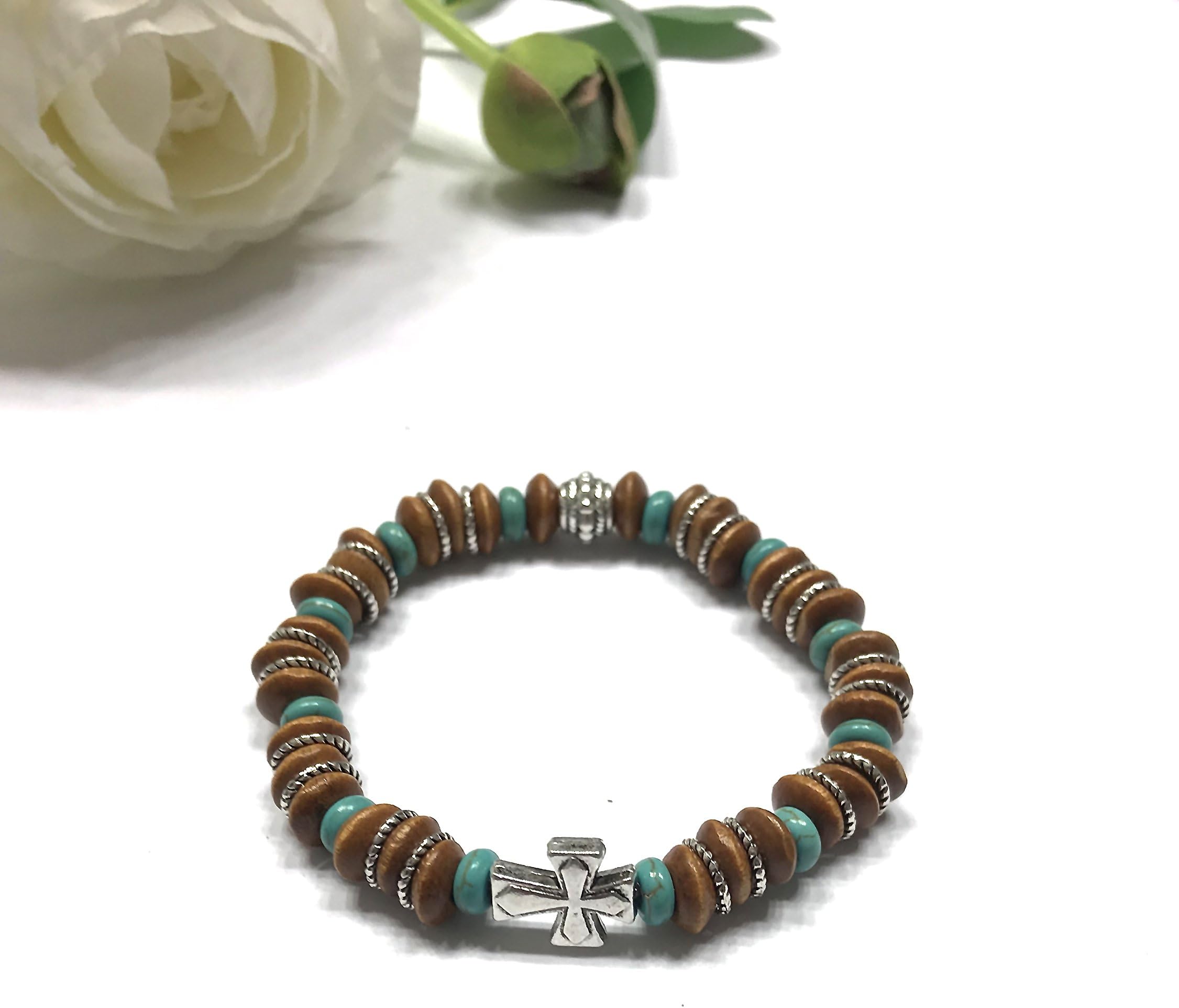 Christian Motif Metal Cross, Wood and Natural Howlite Stone Bracelet. Surfer or Hawaiian Style. Stretch. Unisex. Heart Chakra. Spiritual Essence.