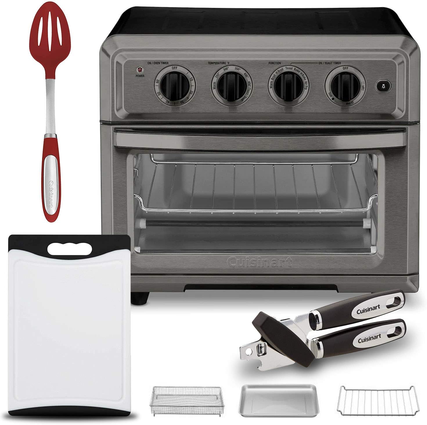 TOA-60BKS Toaster Oven Air Fryer (Black Stainless) Includes Can Opener, 11" Cutting Board, and Slotted Spoon