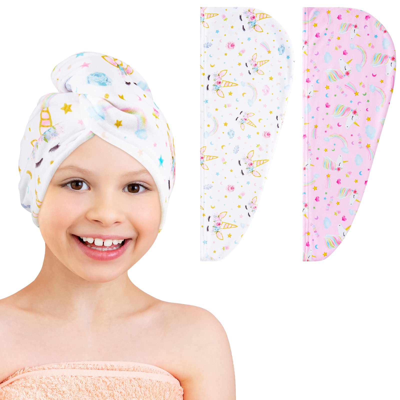 WAWSAM 2 Pack Kids Microfiber Hair Towel Wrap Girls Hair Turban Towels Fast Drying Hair Turbans Anti Frizz Wrap with Elastic Strap