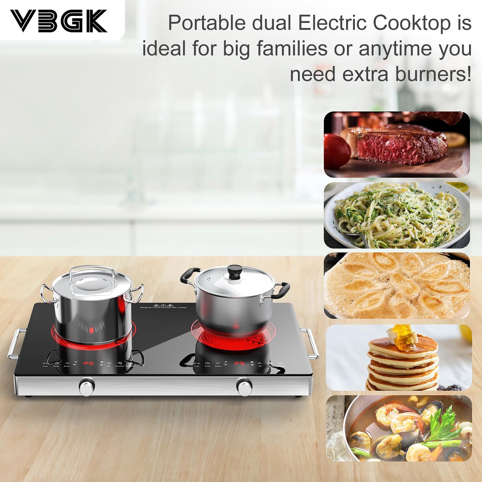 VBGK Electric Cooktop,110V 2400W Electric Stove Top with Knob Control,9 Power Levels, Kids Lock & Timer,LED touch control,Overheat Protection Electric stove,24 Inch desktop 2 burner