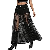 Verdusa Women's Gothic Contrast Lace Sheer Long Skirts A Line Low Waist Flared Flowy Skirt