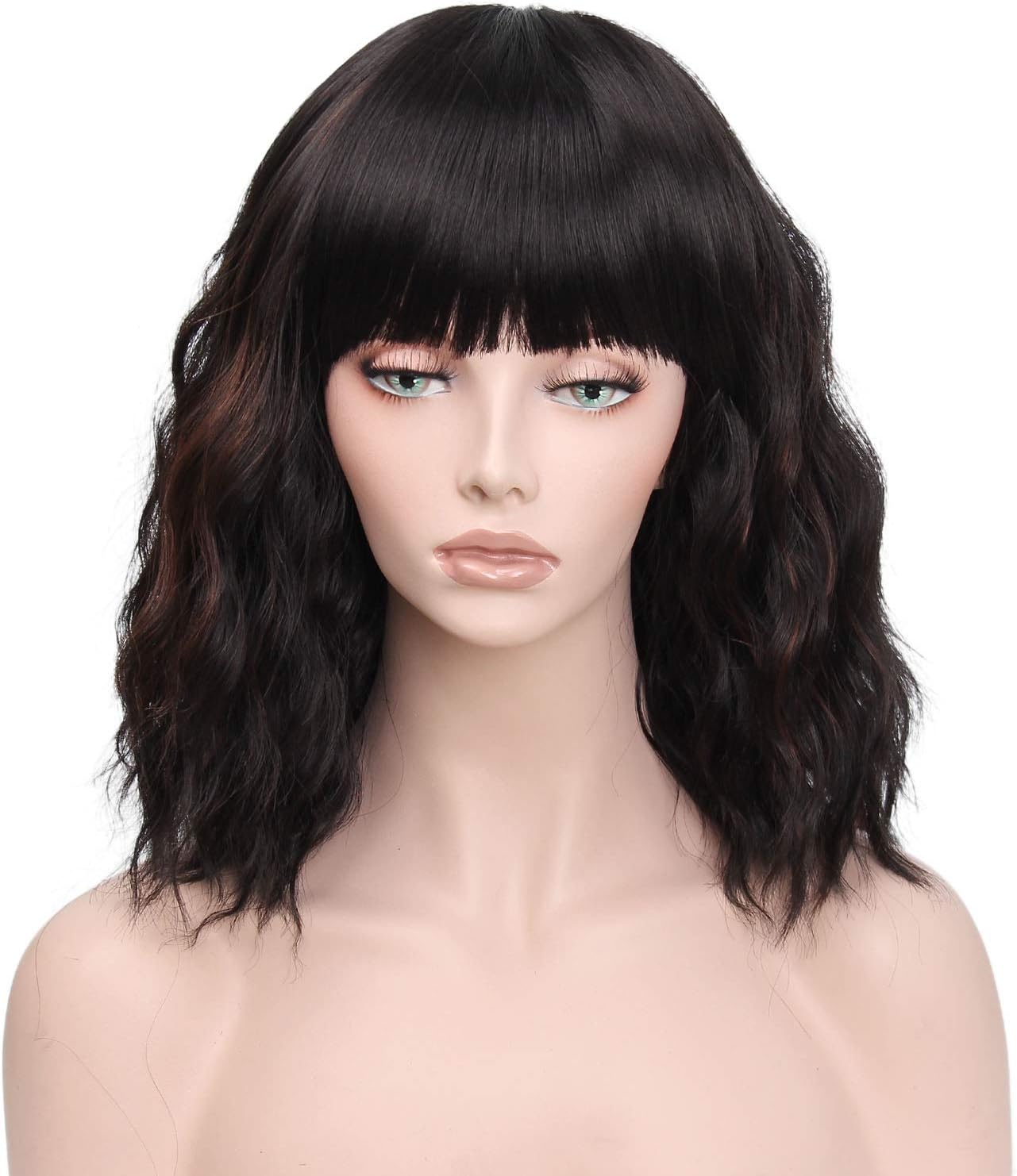 ColorfulPanda Short Curly Wavy Black Wig mix Brown Highlight Bob Wigs with Bangs for Women Synthetic Hair Wigs with Fringe - Image 3
