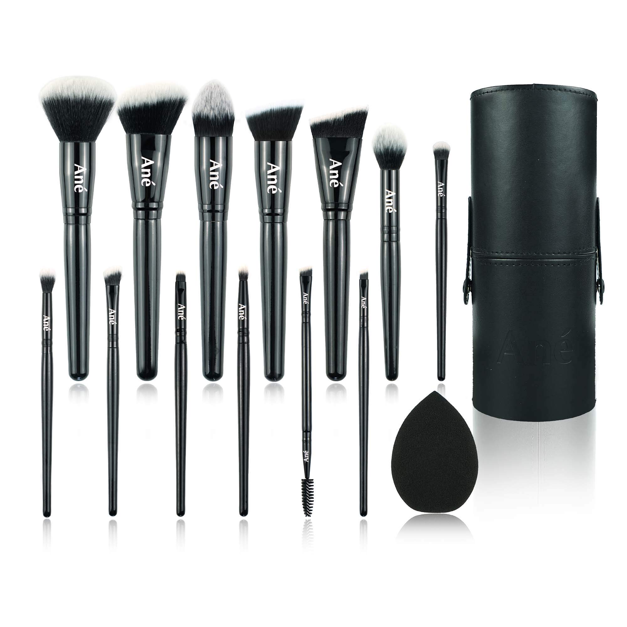 Makeup Brushes by Ané - Flawless Finish 13pc Vegan Makeup Brush Set with Travel faux Leather Holder & Latex Free Makeup Sponge