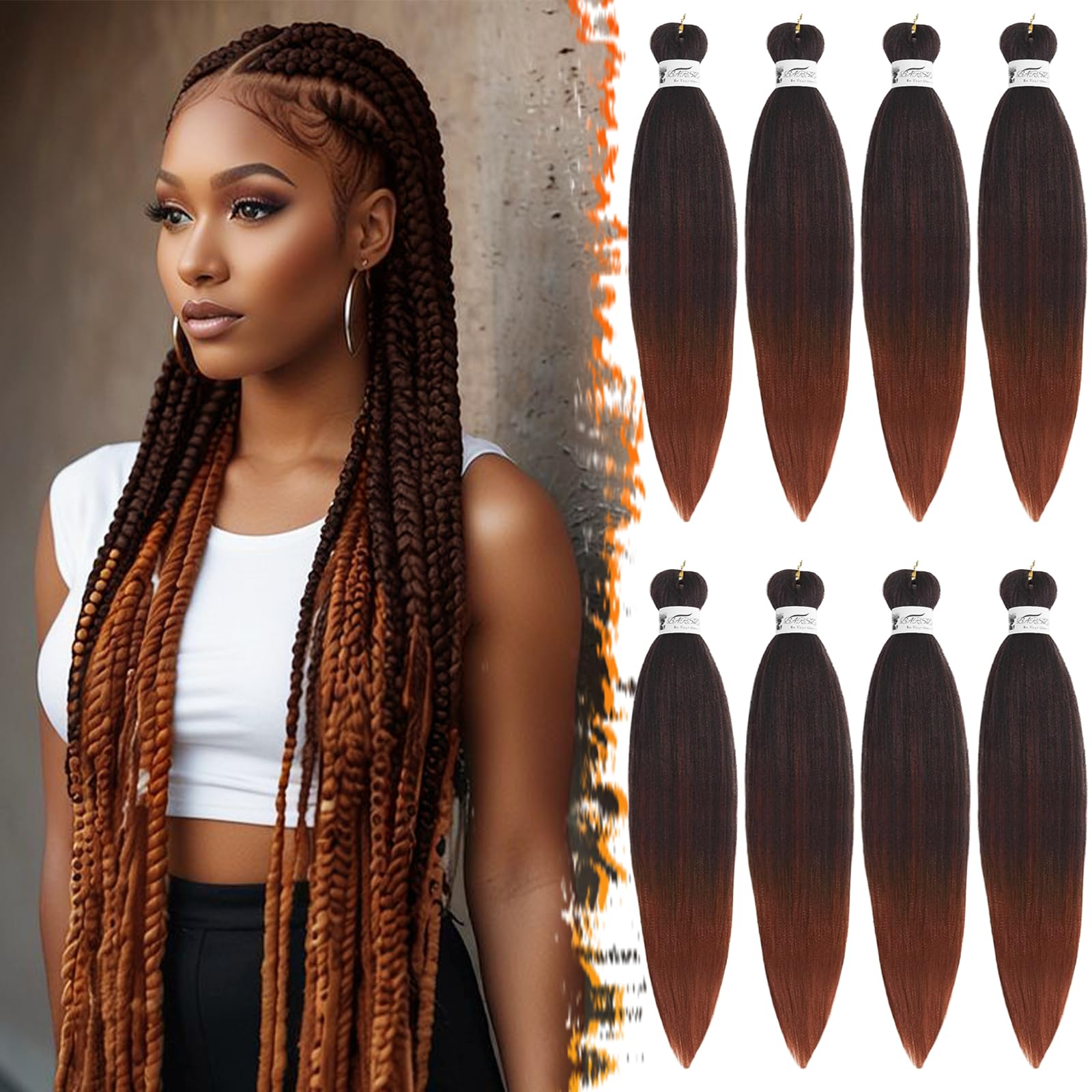 BARSDAR Pre stretched Braiding Hair, 26 Inch 8 Packs Ombre Copper Long Braiding Hair For Twist or Box Braids Yaki Texture Hot Water Setting Synthetic Crochet Braiding Hair Extensions -T1B/350#