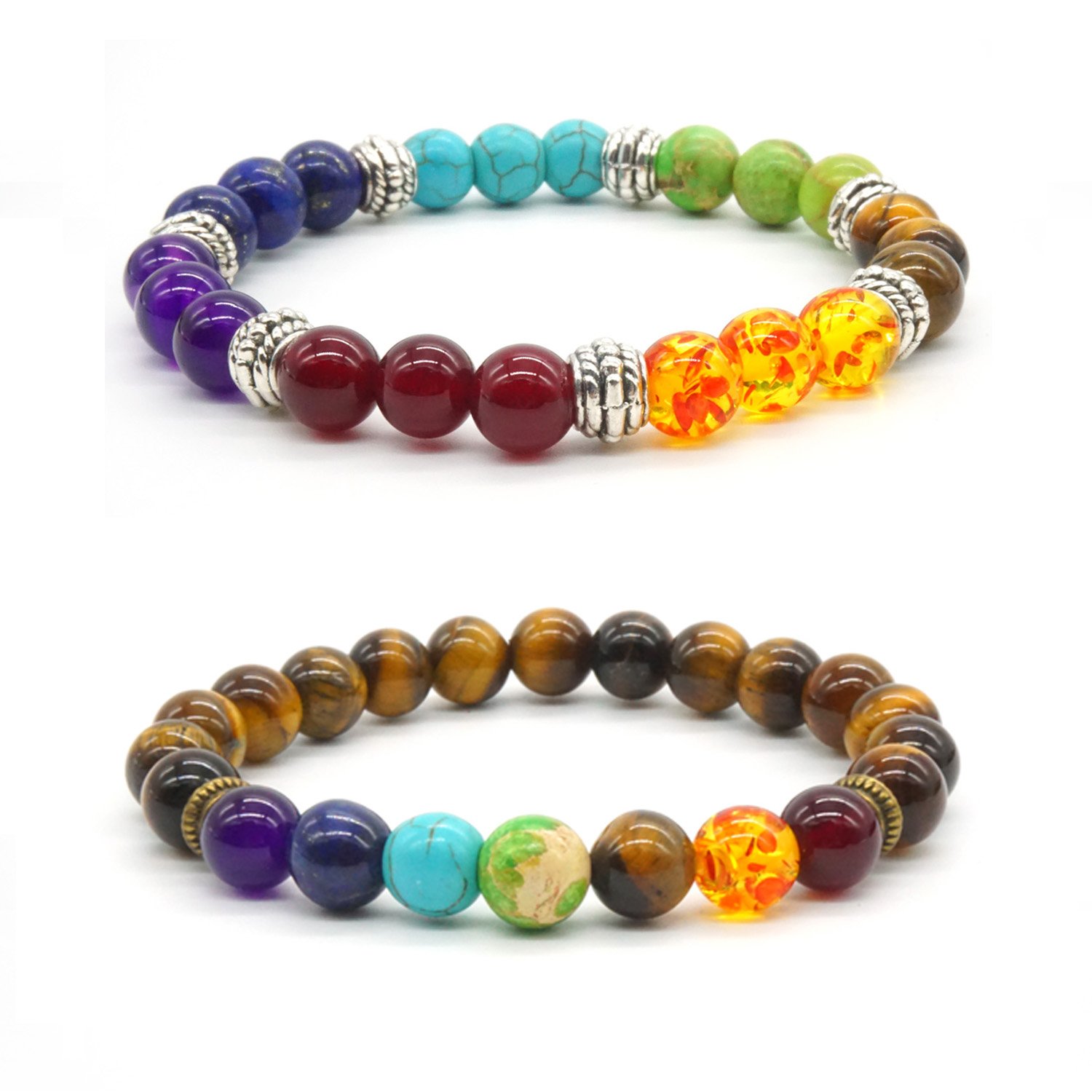 2X Women Men Stone Bracelet, Zen Buddhism Cuff Elephant energy therapy Yoga Bracelet 7 Chakra Healing Balance Buddha bracelet, Tiger Eye