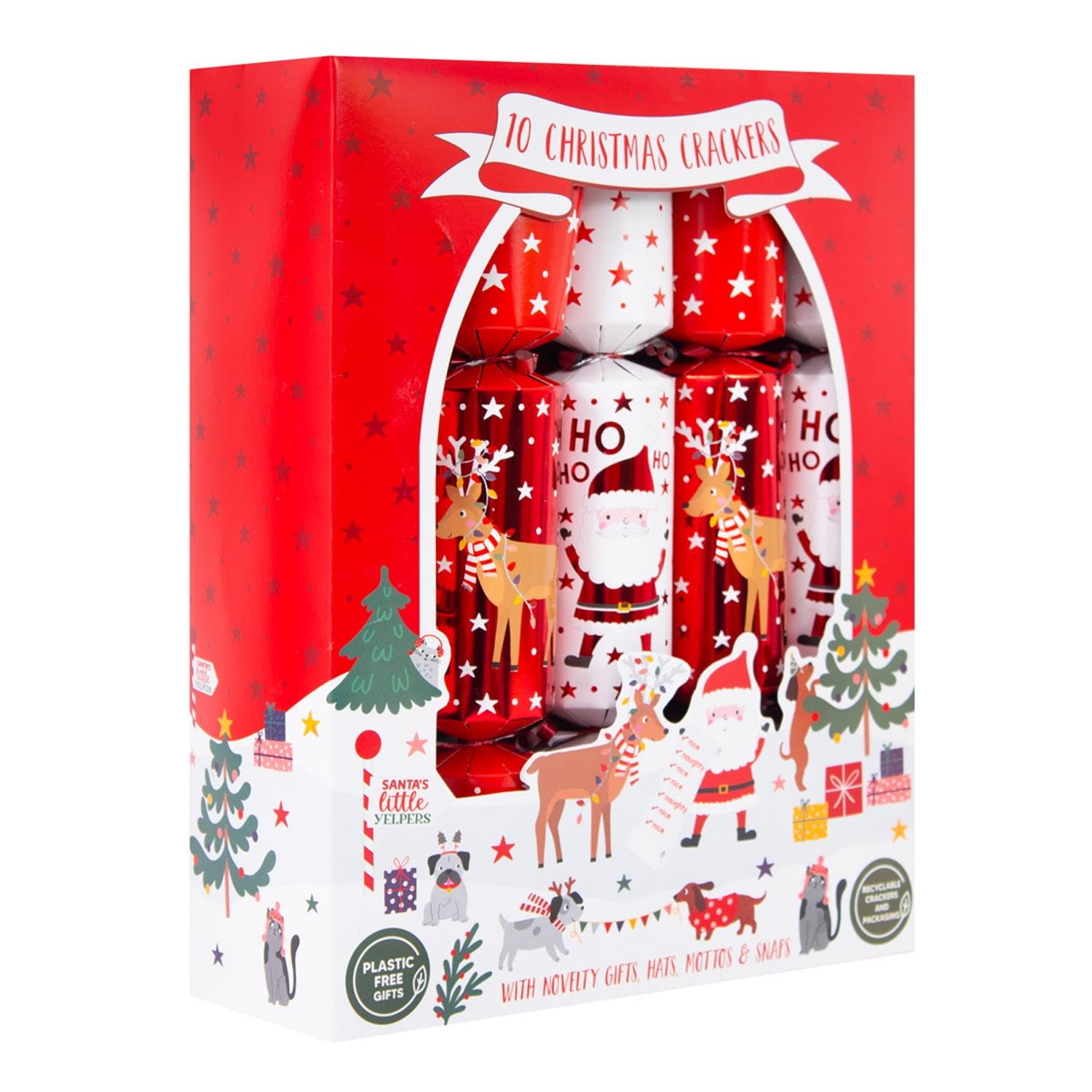Set Of 10 Christmas Crackers Santa And Reindeer White And Red Festive Table Decor Family Xmas Party Fun