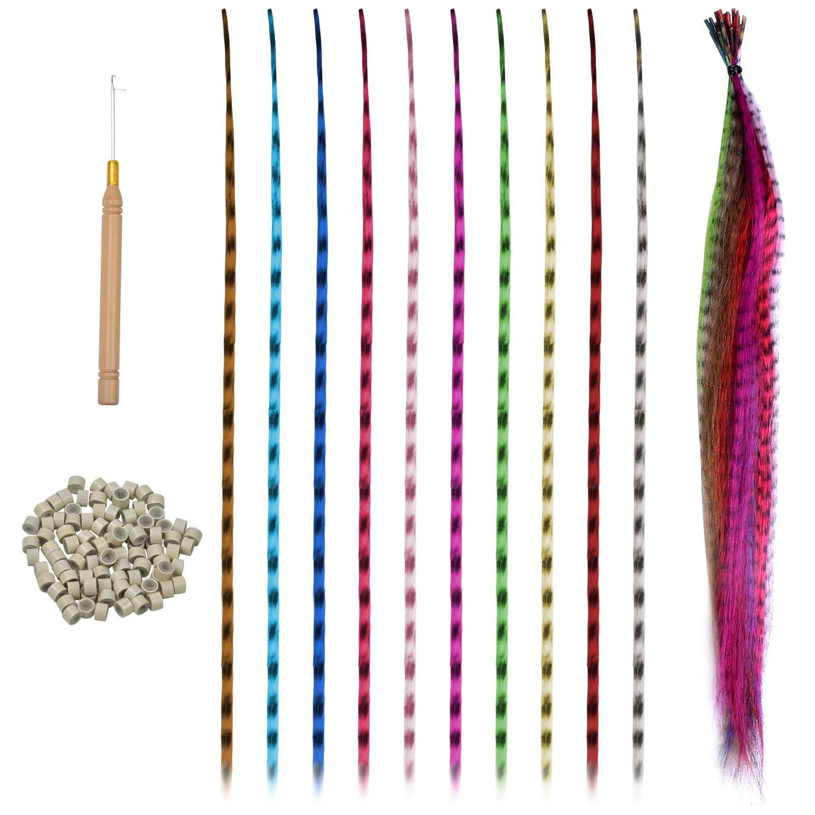 30Pcs Colorful Hair Extensions, 40cm Synthetic Feather Hair Extensions,Hair Tinsel Kit,Hair Extension Kit including 100 Micro Beads and Hook for Women Girls Party Festival Cosplay