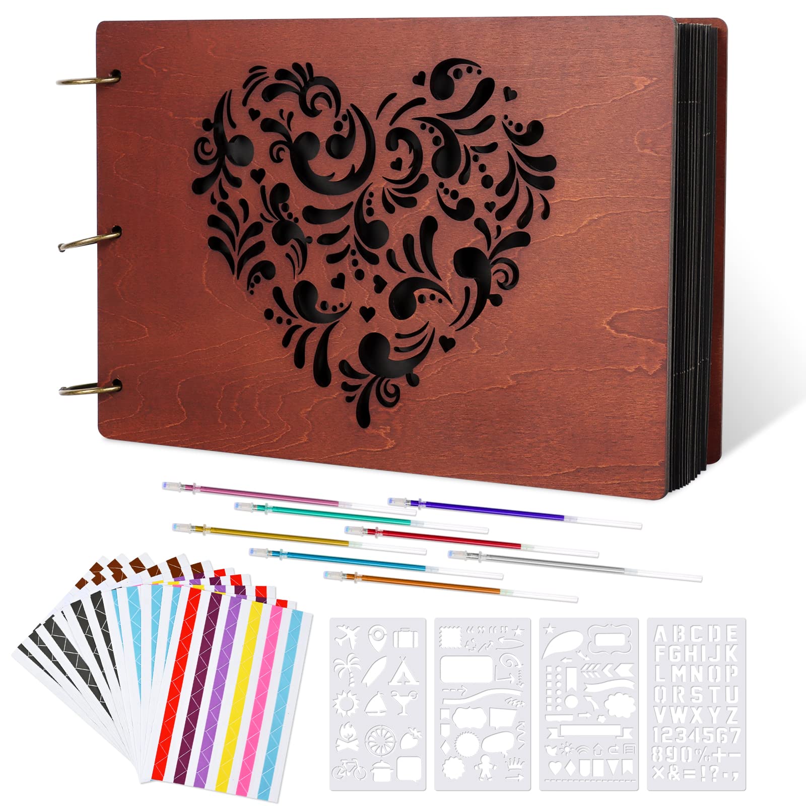 Giiffu Wooden Scrapbook, Photo Album 31x21cm 100 Pages DIY Gift Scrapbooking Kit with 8 Pens, 10 Stickers, 4 Stencils - Memory Book & Guest Book for Couples, Wedding, Anniversary, Valentine's Day
