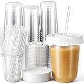 Ziliny 50 Sets Clear Plastic Cups with Lids, Straws, and Paper Cap Liners, Disposable Iced Coffee Cups Drinking Cup for Cold Drinks, Juice, Smoothie, Coffee Shops, Party, Christmas (16oz,Clear)