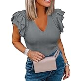 Womens Ruffle Tank Tops Summer Dressy Casual V Neck Slim Fit Ribbed Knit Sleeveless Shirts Grey