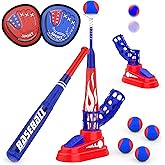 Hepoasky 3-in-1 Kids T-Ball Set for Toddlers 3-5 with Fixed Tee Ball Stand, Baseball Launcher, Toss and Catch Ball Game - Outdoor Sports Toy Gift for Boys and Girls