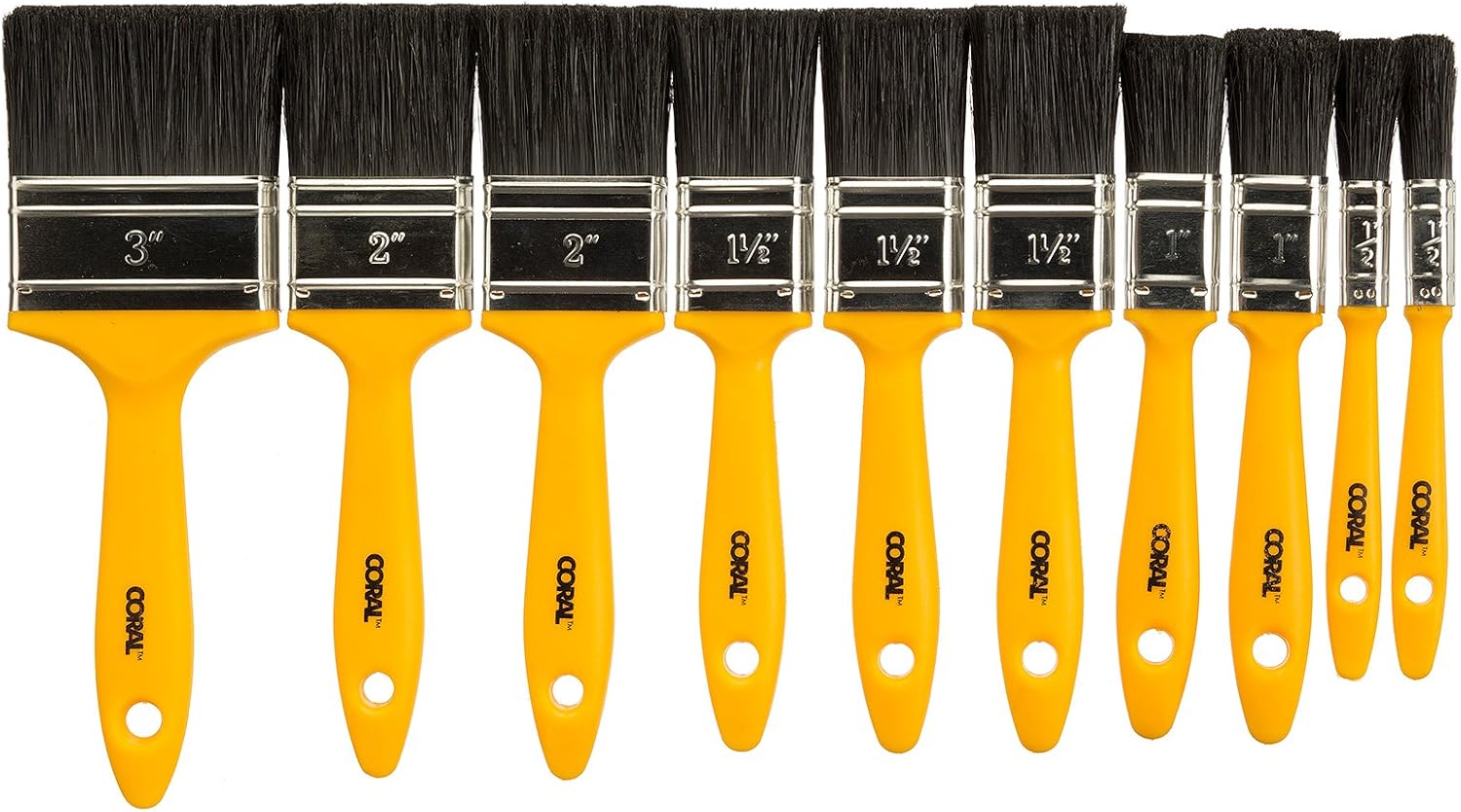 Coral 31303 Essentials Paint Brushes with Synthetic Paintbrush Heads for DIY Painting 10 Piece Pack Set, Yellow, Set 10 pcs