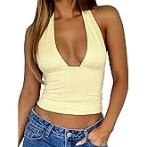 TiulZial Womens Backless Halter Tops Deep V Neck Sexy Crop Tank Top Open Back Sleeveless Slim Fit Y2k Summer Tops