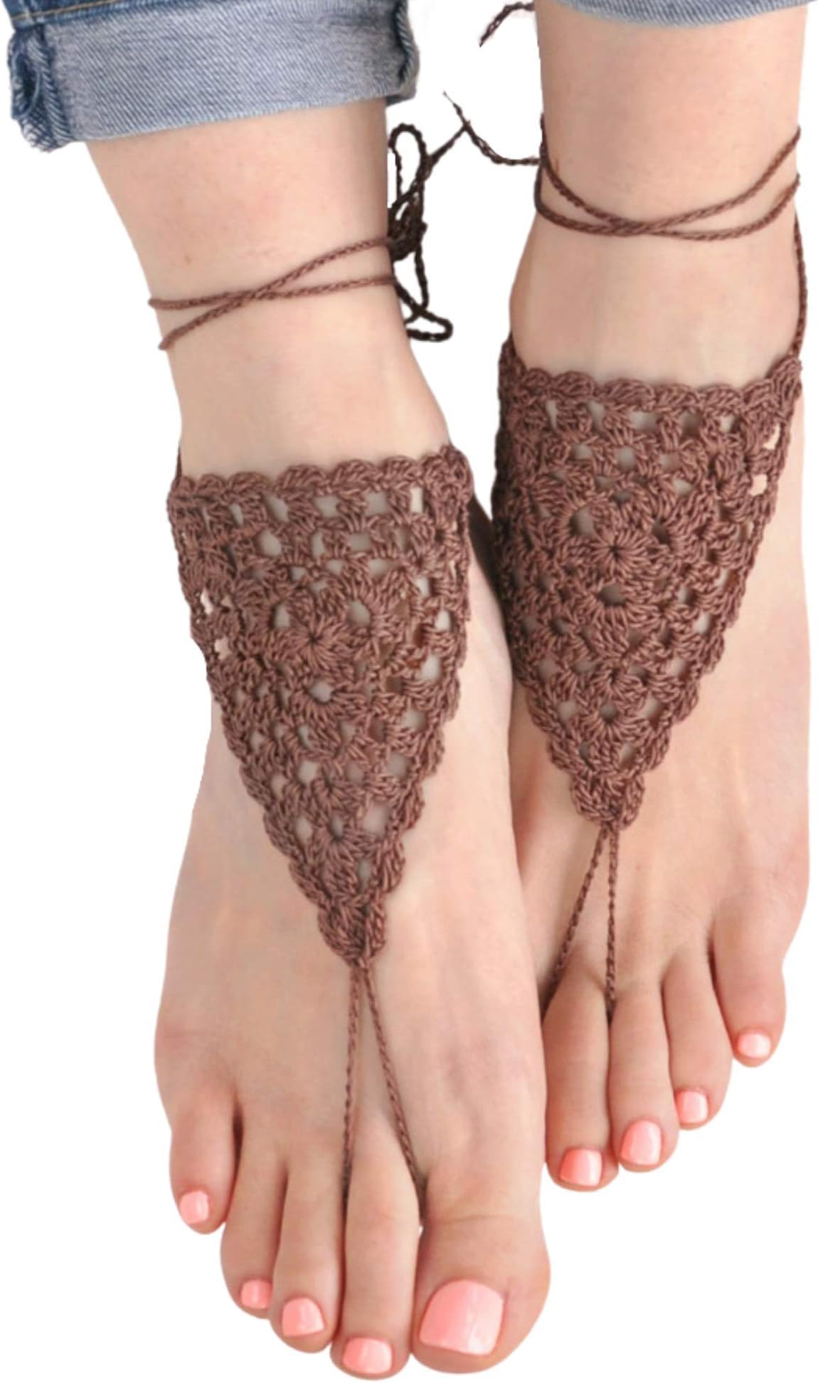 MCC Barefoot Sandals & LaceMCC Triangle Lace Woman Barefoot Sandals Foot Jewelry, Beach Wedding Bridesmaids Gift, Summer Soles Shoes Beachwear (Brown)
