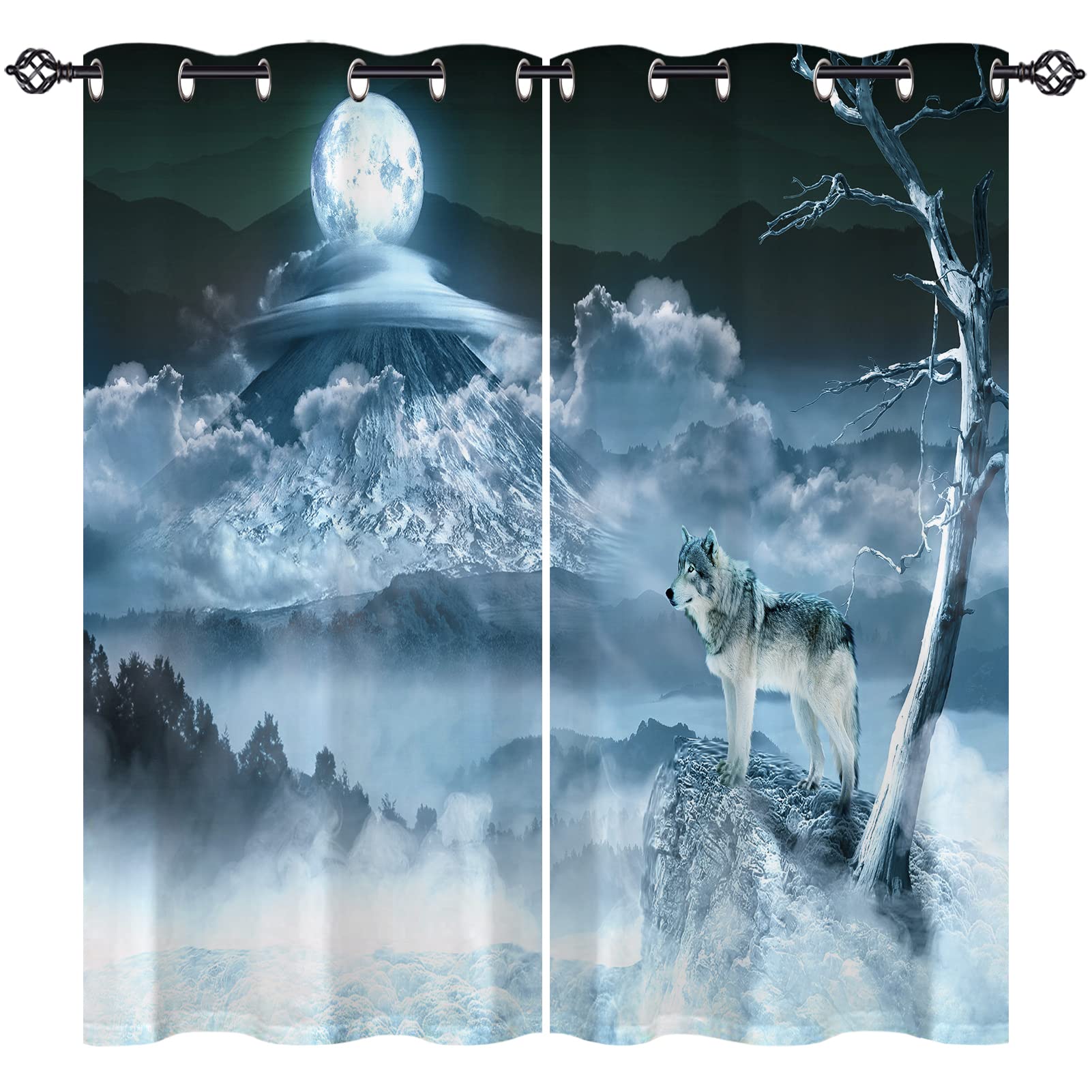 ANHOPE Wolf Curtains Eyelet Soft Thermal Insulated Ring Top 80% Blackout Curtains with Winter Forest Mountain Moon Wolf Print Pattern Window Drapes for Bedroom Living Room 46 x 54 Inch 2 Panels