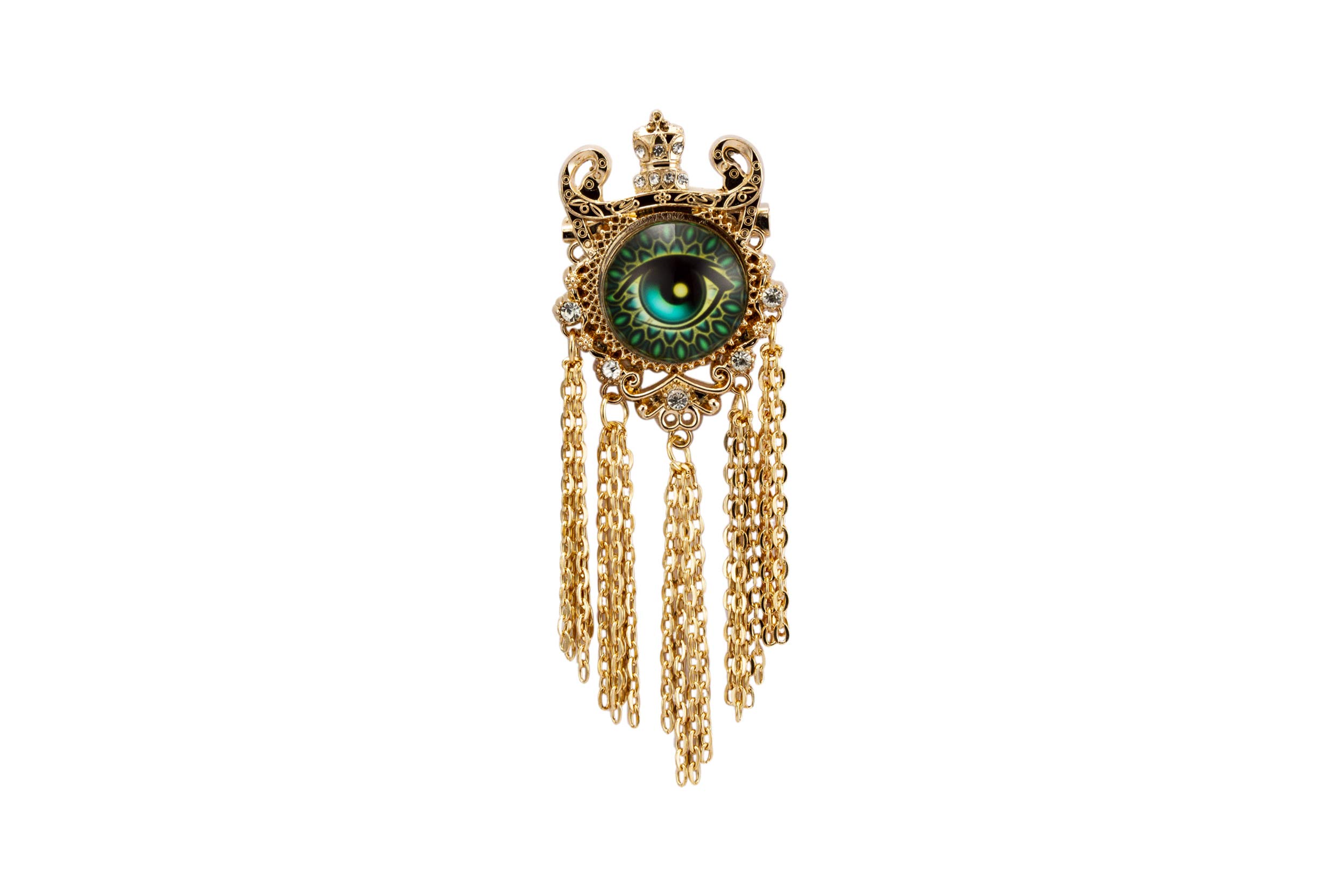 Knighthood Gold Crowned Green Evil Eye with Hanging Chain Detailing Lapel Pin Badge Coat Suit Wedding Gift Party Shirt Collar Accessories Brooch for Men