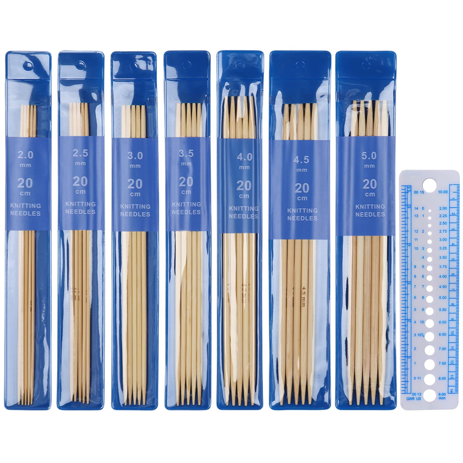Coopay Short Double Pointed Knitting Needles Kit 20cm, Bamboo Double Ended Needles 2.0mm to 5.0mm, DPNs Knitting Pins Set for Beginner and Small Projects, Sock Needles 35 Pack and Needle Gauge โ image 1