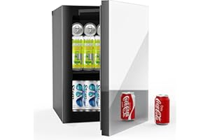 Erivess 24 Cans/0.9 Cubic Feet Beverage Refrigerator Cooler and Skincare Mini Fridge with Mirrored Front Door & Temperature Control, Countertop Small Fridge for Soda, Beer and Cosmetics, Skincare