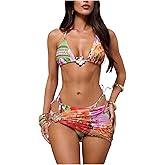 Verdusa Women's 3 Piece Leopard Floral Halter Bikini Set Tie Backless Swimsuit with Cover Up Skirt