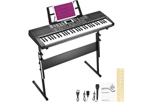 RIVVTA 61 Key Keyboard Piano with Stand for Beginners Portable Electronic Keyboard Piano Kit with 200 Tone 200 Rhythm 60 Demo Microphone Power Supply Sheet Music Stand Black(REK-10)