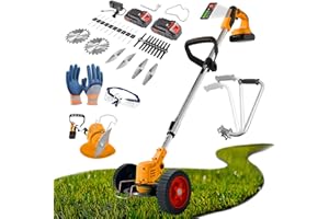 XABCHUI Weed Eater Battery Powered Electric Weed Wacker Cordless, 21V 2Ah Stringless Weed Trimmer with 2 Battery & Charger, Lightweight Lawn Edger Tool Grass Trimmer with 26 Blades, Push Weedeater with Wheels