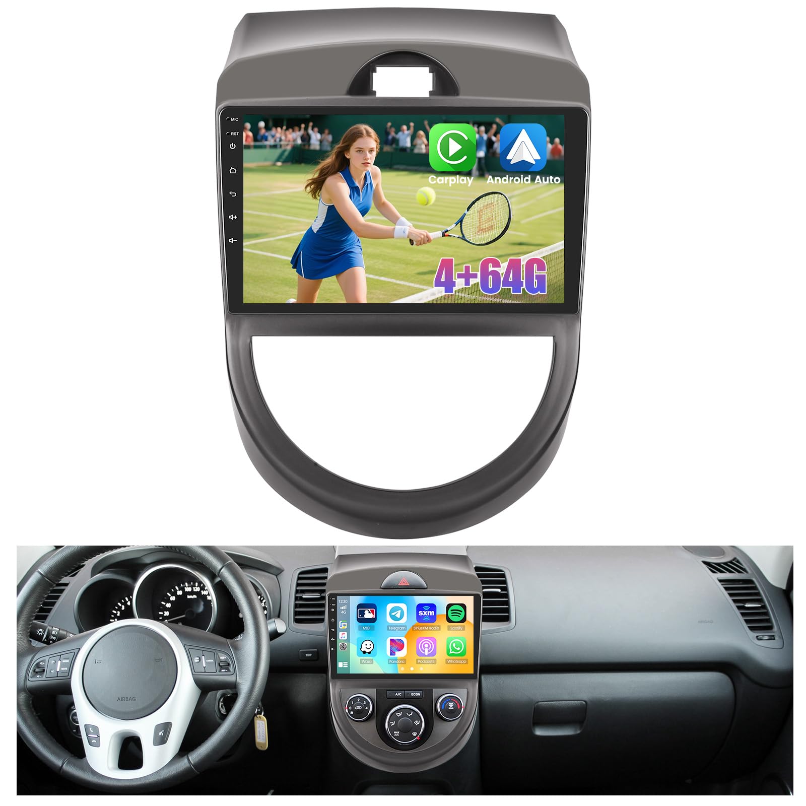 Photo 1 of 4+64G Android 15 Car Radio for Kia Soul 2010 2011 2012 2013 with Wireless Carplay Android Auto, 9’’ IPS 1280 * 720 Touchscreen for Kia Soul Car Play Stereo with Bluetooth 5.0 DSP GPS WiFi Dual USB
