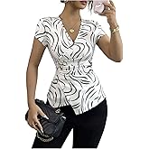 Floerns Women's Elegant Short Sleeve Blouses Wrap V Neck Ruched Dressy Casual Tops