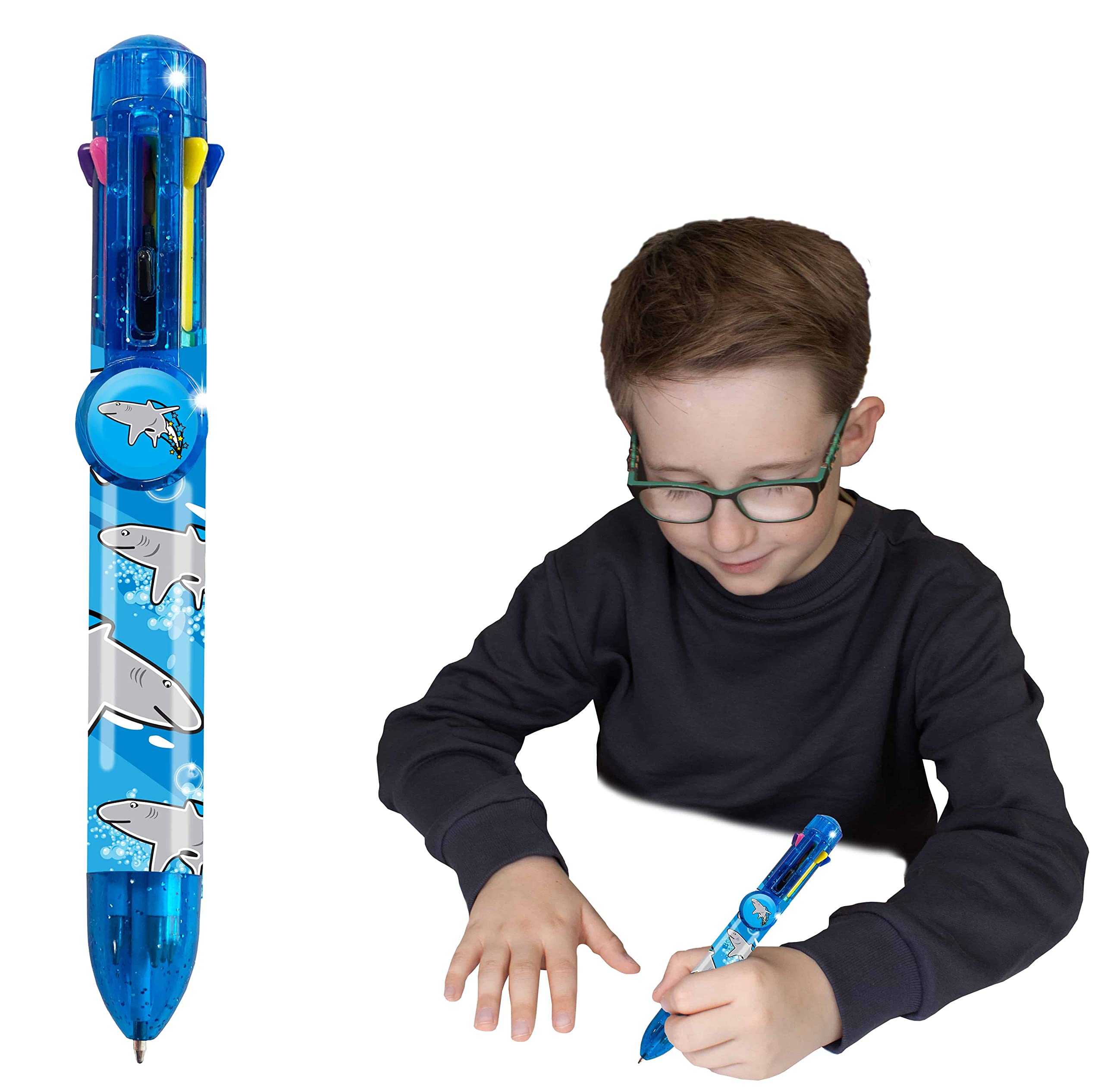 Rainbow Writer - Shark Pen by Deluxebase. 8-in-1 Multicolour Retractable Ballpoint Pen with a Blue Glitter Barrel, Fun Novelty Kids Stationery, School Supplies or Party Bag Filler.