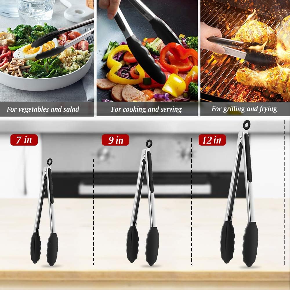 Kitchen Cooking Tongs 3 Packs, Xpatee Silicone Kitchen Tongs (7 / 9/ 12 in), Stainless Steel Tongs with Silicone Tips for Cooking, Serving, BBQ Grill and Salad( Black): Kitchen & Dining