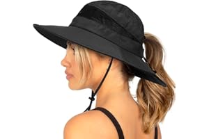 SHINCHIC Waterproof Bucket Sun Hat for Women Wide Brim Breathable Mesh UPF50+ Safari Hat Criss Cross Ponytail Hole Outdoor Rain Hat