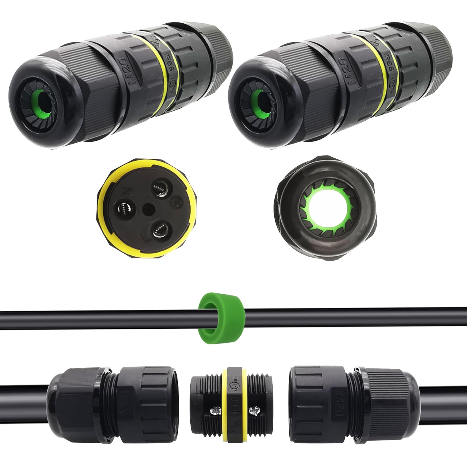 CTRICALVER 2 Pcs IP68 Waterproof Junction Box | M20 Outdoor Cable Connector Weatherproof Electrical Connector External Sleeve Coupler, A.W.G: 20-13, for 3 PIN Docking Cables