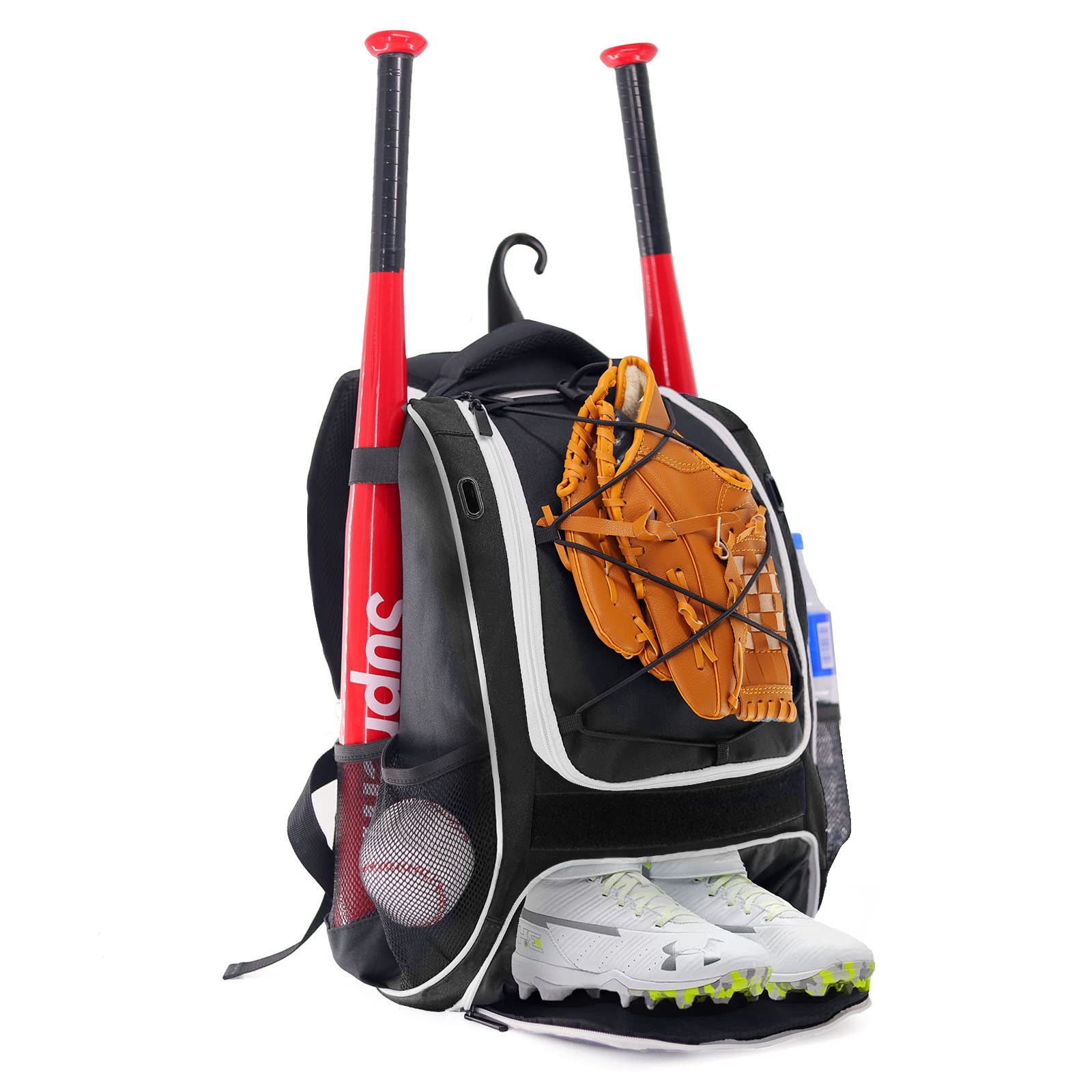 Photo 1 of WOLT | Youth Baseball Backpack Bag for Baseball, Softball & T-Ball Equipment & Gear, Youth Boys and Adults, with Holder for Bat, Helmet, Glove, & Shoes Compartment & Fence Hook (Black)