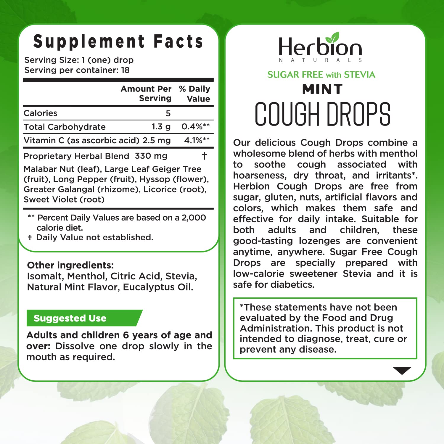 HERBION Naturals Cough Drops, Sugar Free with Stevia, Dietary Supplement, Soothes Cough, for Adults & Children Over 6 Years, 18 Count, Mint, Pack of 1