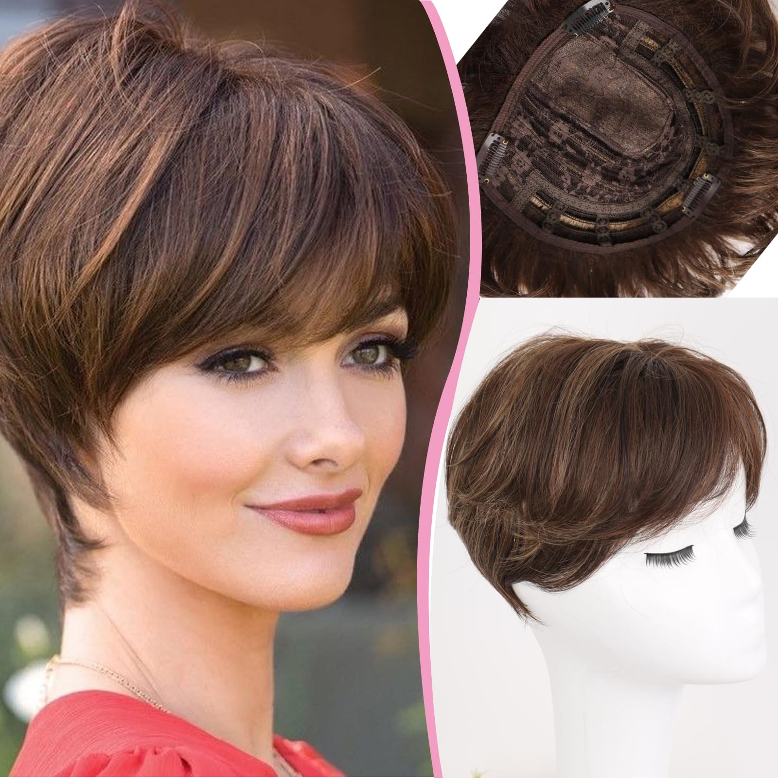 Photo 1 of Matthia Highlights Hair Topper for Women With Bangs - Short Synthetic Mixed Brown Topper for Thinning Hair (F4/26#)