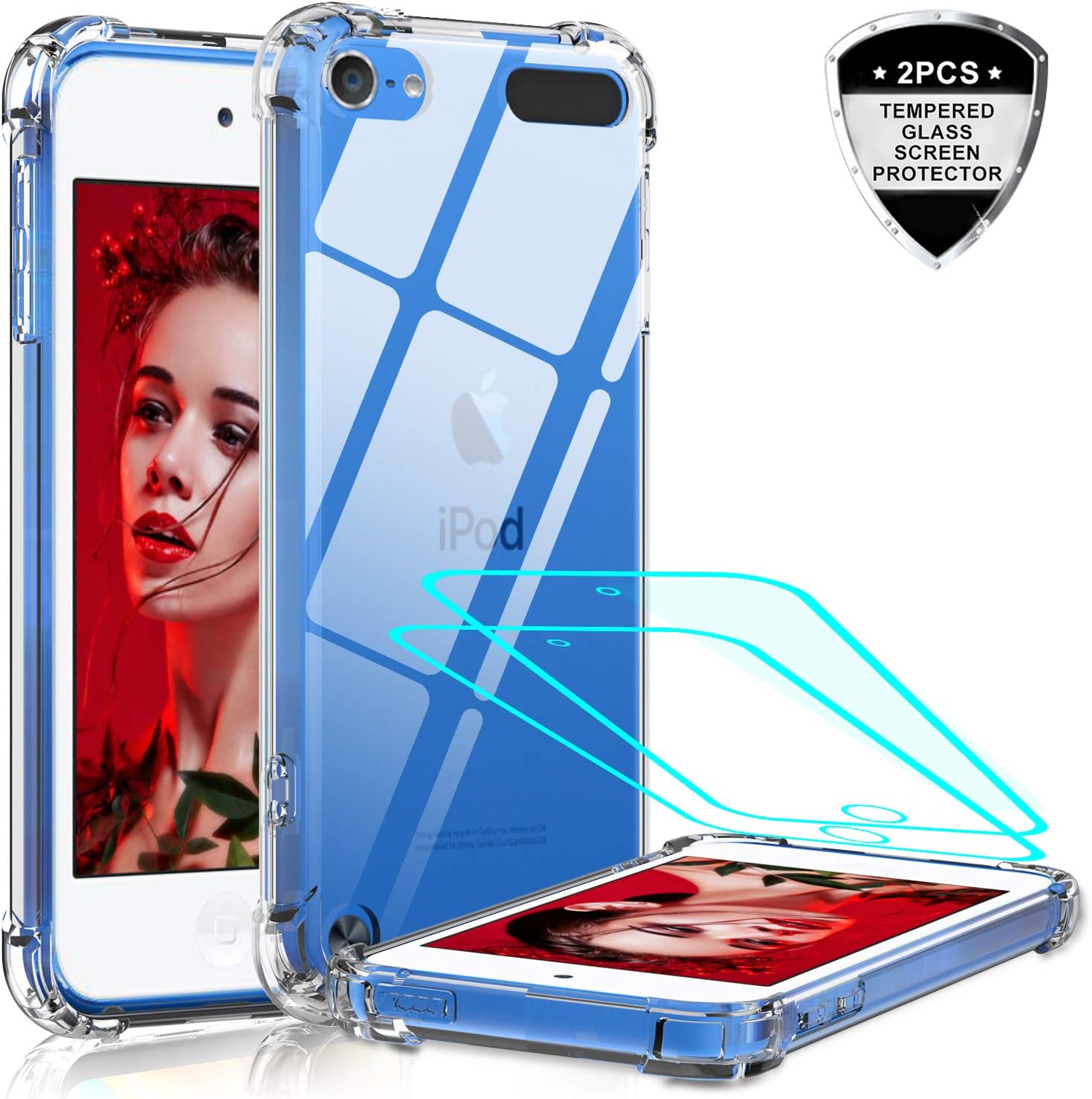 iPod Touch 7 Case, iPod Touch 6 Case, iPod Touch 5 Case with Tempered Glass Screen Protector [2 Pack], LeYi Shockproof Crystal Clear Soft Bumper Hard Case for Apple iPod Touch 7th/ 6th/ 5th Generation