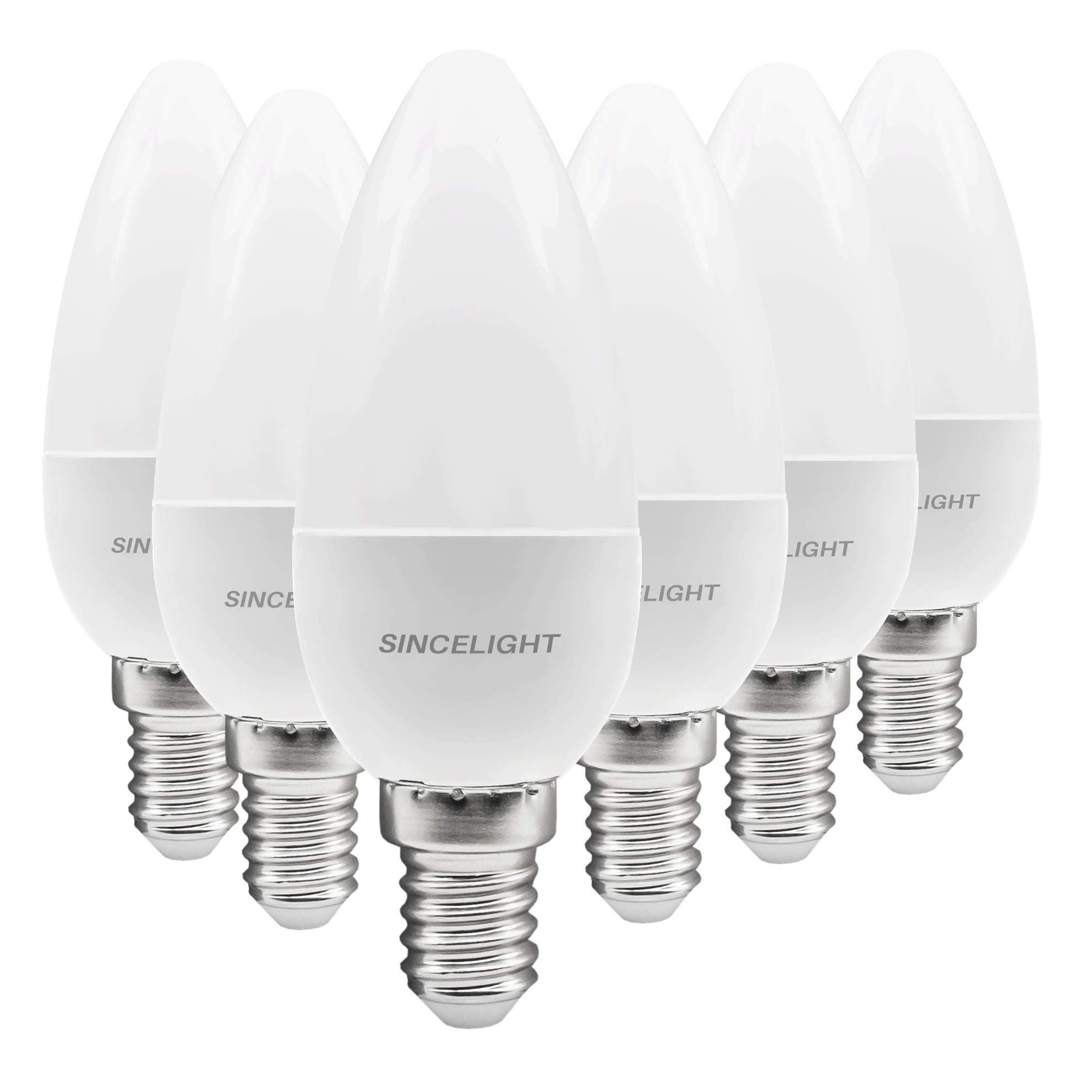 SINCELIGHT E14 LED Candle Light Bulb, B35 Shape with Milky Diffuser, 5 Watt, Warm White 2700K, Rich&Ture Color RA≈92, 450 Lumens, 50W Equivalent, SES Small Edison Screw, Pack of 6