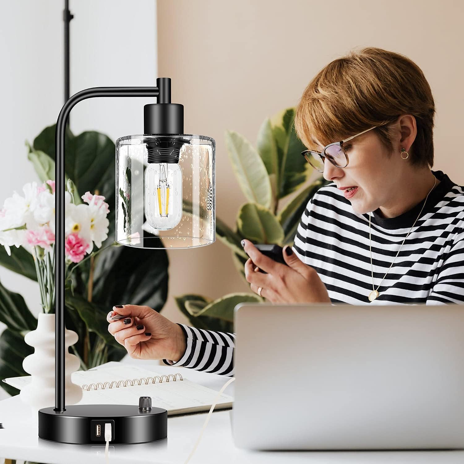 Set of 2 Industrial Table Lamps with 2 USB Port, Fully Stepless Dimmable Lamps for bedrooms, Bedside Nightstand Desk Lamps with Seeded Glass Shade for Reading Living Room Office 2 LED Bulb Included - - 