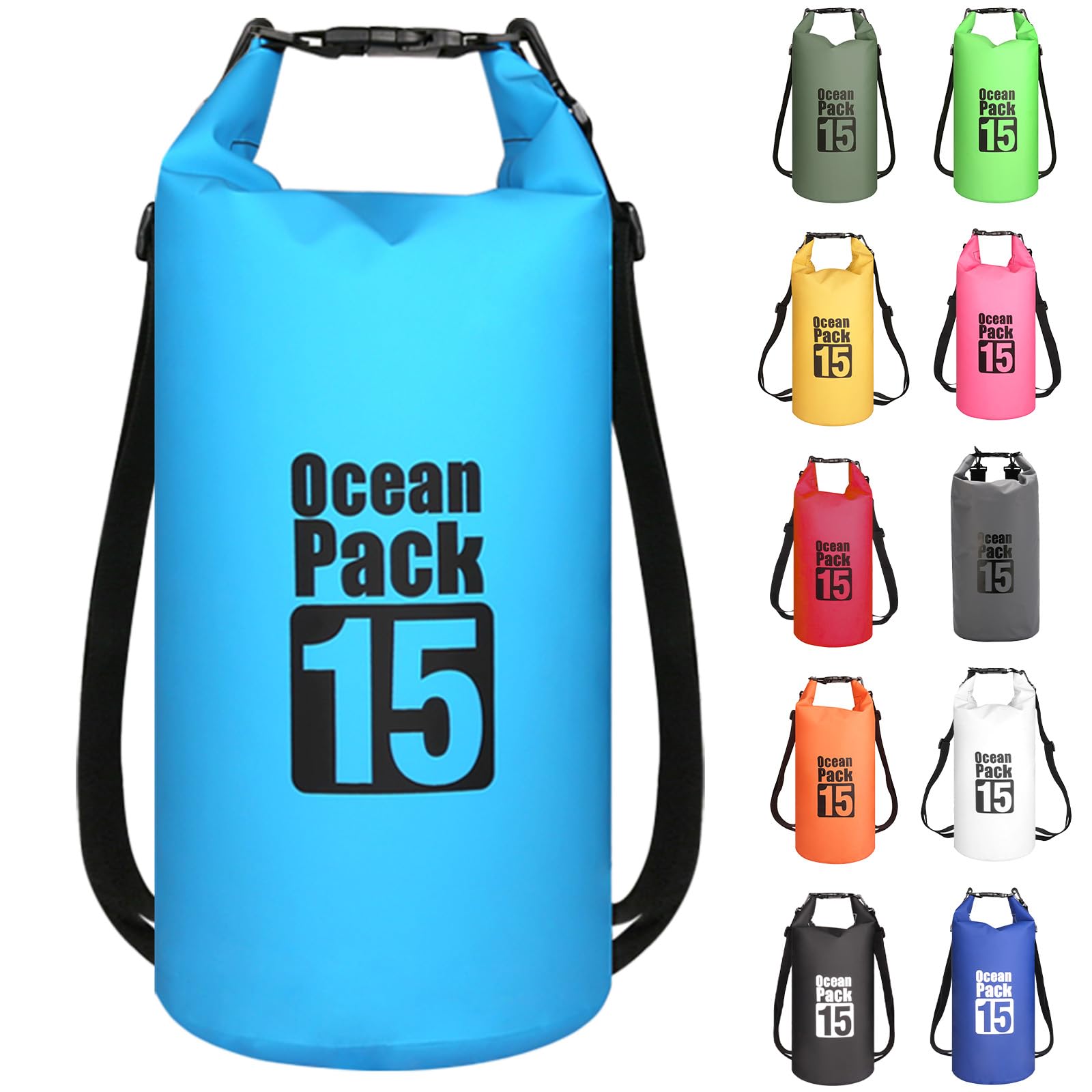 MORAINJAY 15L Sky Blue Dry Bag,Waterproof Bag with Double Adjustable Shoulder Strap,Middle Capacity Dry Sack 2L 5L 10L 15L 20L 30L for Outdoor Camping,Rafting,Swimming,Boating,Surfing