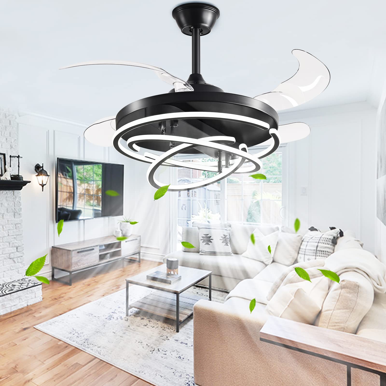 Photo 1 of LWestine 42" Retractable Ceiling Fans with Lights Remote Control, Modern Ceiling Fan Rings LED Chandeliers, Invisible Ceiling Fans Fandelier with 4 Reversible Blades, 6 Speed Wind, Black